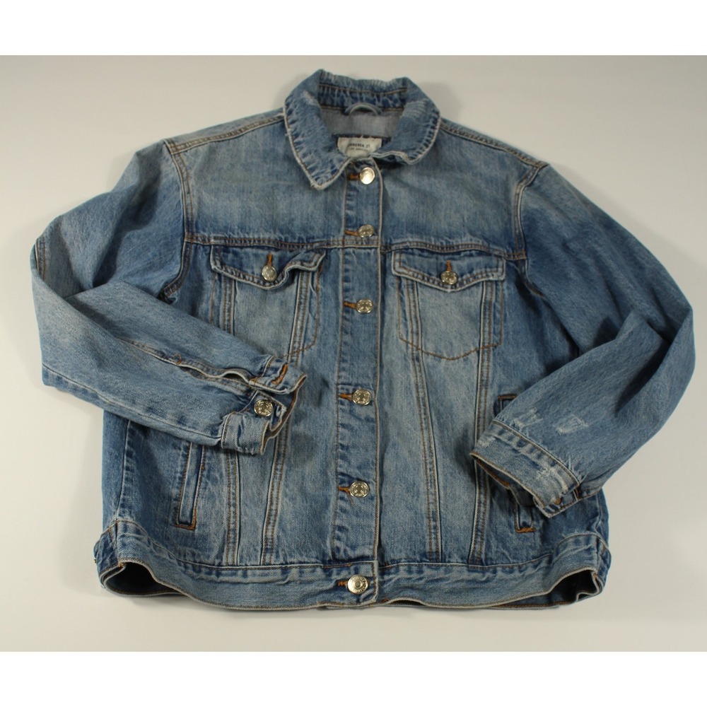 Forever 21 Denim Trucker Jacket Womens M Blue Distressed Medium Wash